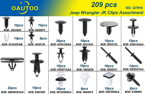 OAUTOO 209pcs for Jeep Wrangler JK 2007-2018 Auto Body Interior and Exterior Retainer Fastener Clip Assortment