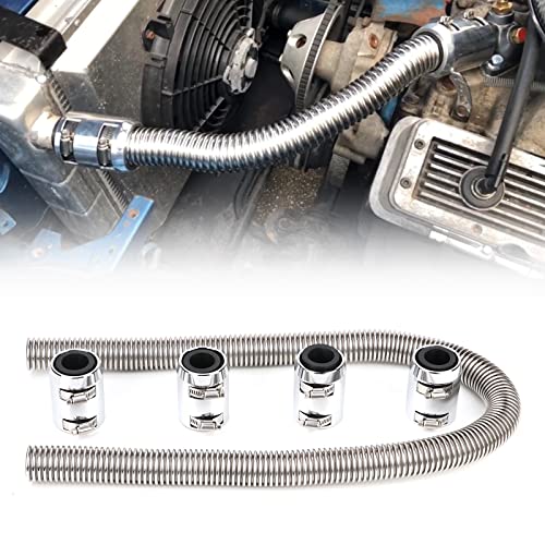 iRKY 48" Flexible Radiator Hose Stainless Steel Universal Water Hoses Adapter Coolant Radiator Hose Kit With 4Pcs Chrome Caps (8 Clamps, Silver)