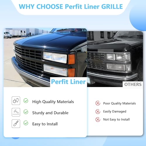 Perfit Liner Front Black Grille Grill Compatible with 1988-1993 Chevrolet C10 C/K 1500 2500 3500 Pickup Truck Blazer SUV Fits Early Design GM1200228 15615108