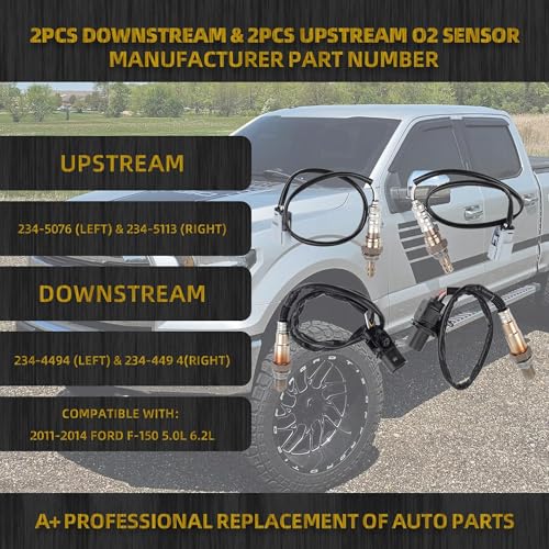 Dasbecan Oxygen Sensor 4PCS Compatible with 2011-2014 Ford F150 F-150 5.0L 6.2L 234-5113 234-5076 234-4494 O2 Sensor Left Right Upstream & Downstream