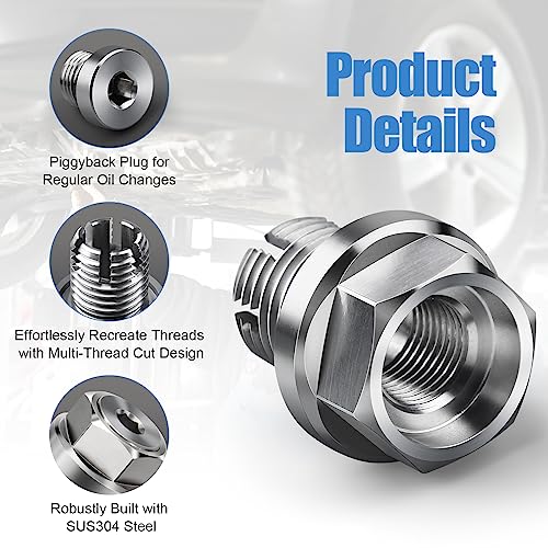 M14.1-1.5 x 15mm Oversize Piggyback Oil Drain Plug, Stainless Steel Self Tapping Oil Pan Thread Repair Kit