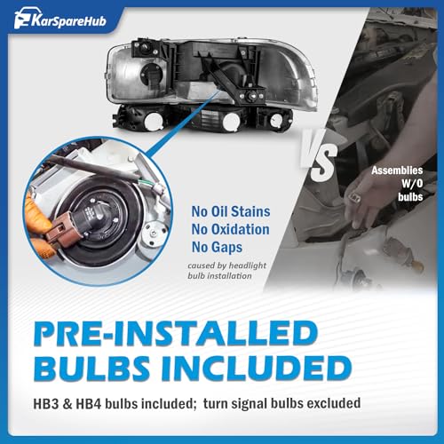 KarSpareHub Headlights Assembly for 99-07 GMC Sierra, Compatible with 99-06 GMC Yukon Headlamp Replacement Chrome Housing Driver & Passenger Side