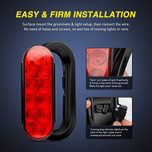 Nilight - TL-01 6" Oval Red LED Tail 2PCS w/Surface Mount Grommets Plugs IP65 Waterproof Stop Brake Turn Trailer Lights for RV Truck Jeep