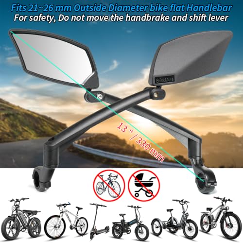 BriskMore Handlebar Bike Mirror - Crystal Clear HD Glass, 360° Adjustable&Foldable Mirror for Safe Riding, Wide Angle Rearview for E-Bikes, Mountain Bikes & Scooters,Bicycle Mirrors,Left Side Mount