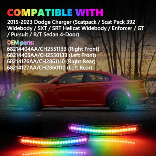 OFFKAT Full LED Side Marker Lights for Dodge Charger RT SXT R/T GT 2015-2023, Smoked Lens RGB LED Side Markers, Front & Rear Turn Signal Marker Lights, 4 PCS