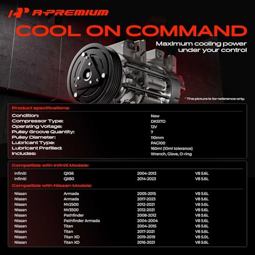 A-Premium Air Conditioner AC Compressor with Clutch Compatible with Infiniti QX56 2004-2013 QX80 2014-2023 & Nissan Armada Pathfinder Titan XD, 5.0L 5.6L