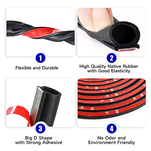 D-Shape Car Door Rubber Seal Strip,Black Automotive Weather Stripping with Self-Adhesive to Reduce Noise and Water-Leaking fit Most Car,Truck,SUV,RV,Boat and Home Application,18ft (18ft)