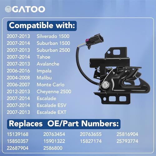 Front Hood Latch Lock Assembly Fit for Chevy Tahoe Silverado Suburban Impala Avalanche Malibu GMC Sierra Yukon Cadillac Escalade 2007 2008 2009 2010 2011 2012 2013 2014 with Sensor Switch, 15139168