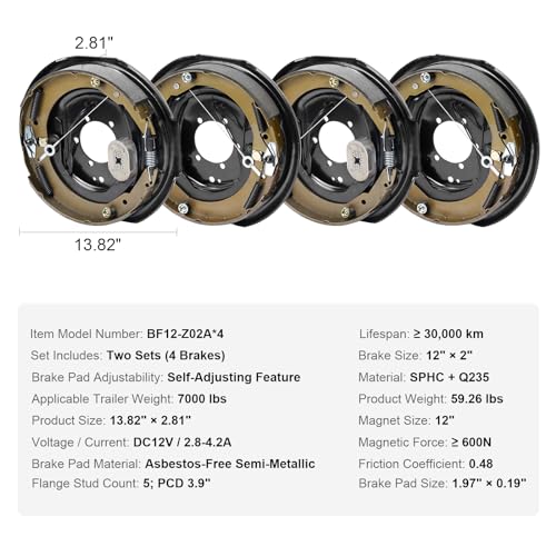 VEVOR Electric Trailer Brake Assembly, 12" x 2", 2 Pairs Self-Adjusting Electric Brakes Kit for 7000 lbs Axle, 5-Hole Mounting, Backing Plates for Braking System Part Replacement (2 Right + 2 Left)