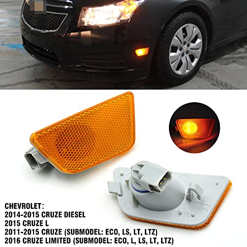 CNPAPC 2-Pieces For Chevy Cruze Front Bumper Park Signal Side Marker Light Assembly 2011 2012 2013 2014 2015 DOT Certified GM2551198N 42334144 42334145