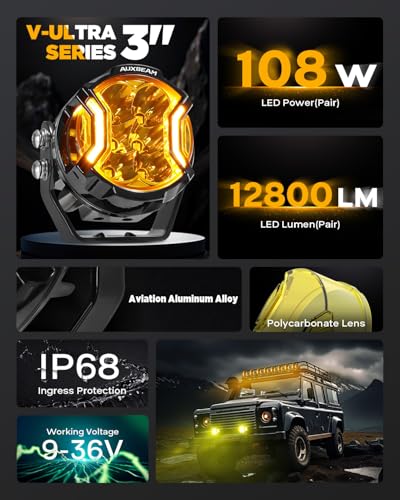 Auxbeam V-Ultra Series 3-Inch Amber Fog Light Pods Offroad Lights 2-Pack
