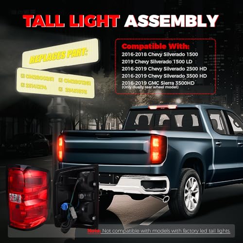SHINEHOME Tail Light Assembly Compatible with 2016-2019 Chevy Silverado 1500 2500HD 3500HD GMC Sierra 3500HD Left Driver Side Right Passenger Side Taillight Brake Lamp Bulb and Harness