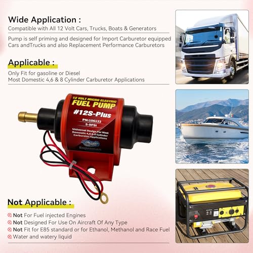 ENGINEMAN Universal 12 Volt Electric Fuel Pump 5-9 PSI, 35GPH, Super 12S Plus for Gasoline Diesel Engines