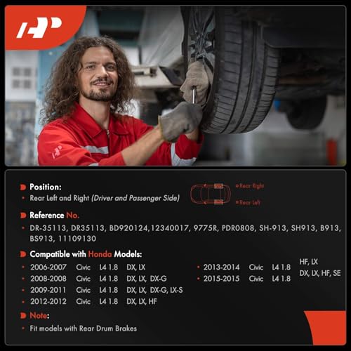 A-Premium Rear Brake Drums and Shoes Set Compatible with Honda Civic 2006-2015 L4 1.8L 6-PC Set