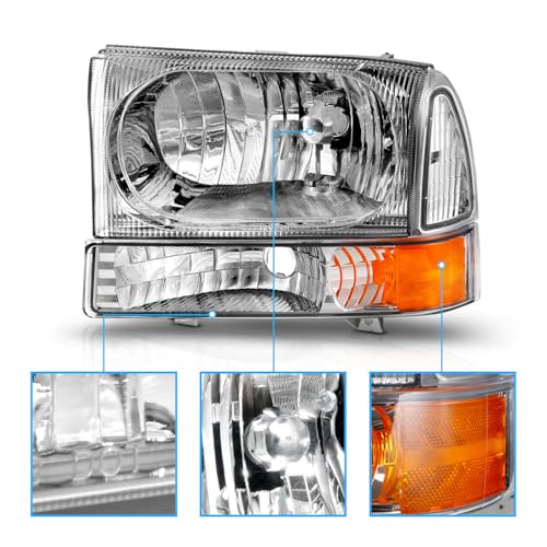 AmeriLite for 1999-2004 Ford Super Duty F250 F350 F450 F550 | Excursion Chrome Factory Style Replacement Headlights w/Corner Bumper Corner Set - Passenger and Driver Side