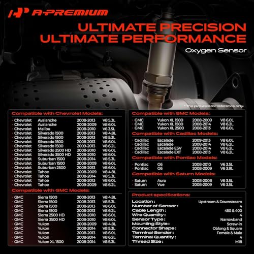 A-Premium Set of 4 O2 Oxygen Sensor (Upstream and Downstream) Compatible with Chevy, GMC, Cadillac & Pontiac - Silverado 1500, Malibu, Tahoe, Sierra 1500, Yukon, Escalade