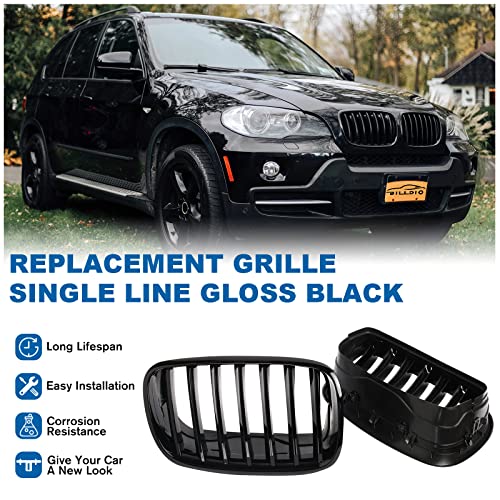 BILLDIO Front Grille For 2007-2014 BMW X5 E70 X6 E71，ABS Gloss Black Kidney Grill