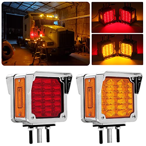 2Pcs Double Face Square LED Fender Pedestal Turn Signal Lights Amber/Red 39 LED w/Chrome Visor Square Truck Trailer Fender Stop Tail Turn Signal Lights w/Side Reflex Marker Driver and Passenger Side