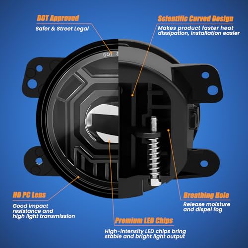 KARSAM 4 Inch Round LED Fog Lights for 2007-2018 Jeep Wrangler JK JKU 2018-2024 Jeep Wrangler JLU Accessories, 60W White Amber Off-Road Lamps Black Front Bumper LED Fog Lights Assembly, DOT Approved