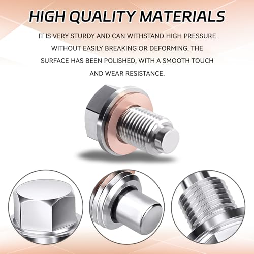 HHZL M14 x 1.5 Magnetic Oil Drain Pan Plug, Oil Pan Drain Plug Nut Bolt with 5 PCS Copper Crush Washer Gasket, Universal Engine Stainless Steel Oils Change Kit Leak-Proof Replacement for Most Vehicle
