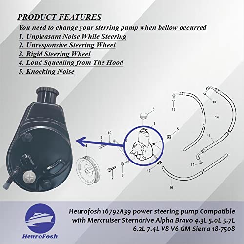 HeuroFosh 16792A39 power steering pump Compatible with Mercruiser Sterndrive Alpha Bravo 4.3L 5.0L 5.7L 6.2L 7.4L V8 V6 GM Sierra 18-7508