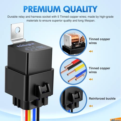 Nilight 5 Pack Waterproof Relay and Harness 40/30 AMP Heavy Duty 12 AWG Tinned Copper Wires 5-PIN SPDT Style 12V Automotive Relay and Harness Set