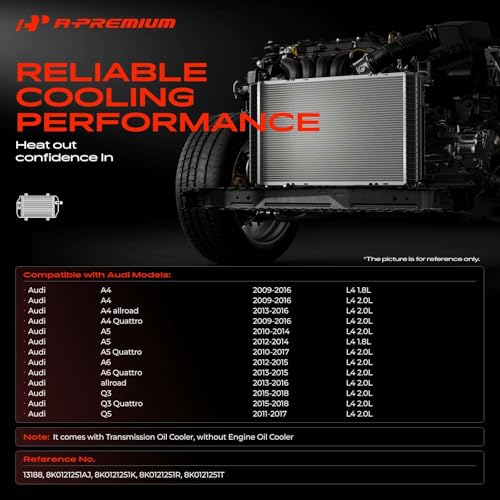 A-Premium Engine Coolant Radiator Assembly with Transmission Oil Cooler Compatible with Audi A4, A4 Quattro, A5, A5 Quattro, A6, A6 Quattro, allroad, Q5, 1.8L 2.0L, Auto Trans, Replace# 8K0121251T