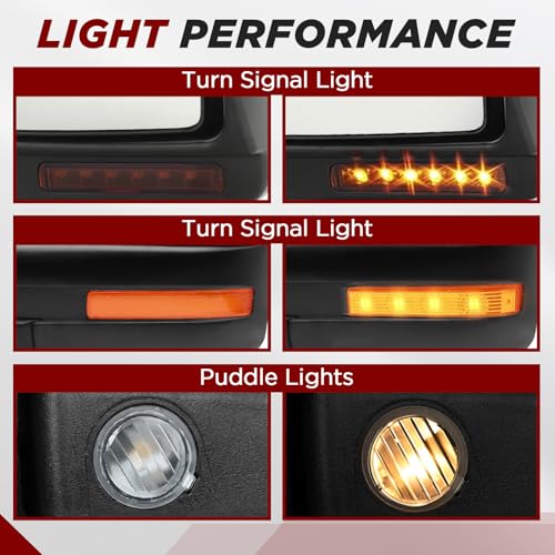 PZ Towing Mirrors Compatible with Ford F150 2007-2014, Power Heated Mirrors With Amber Signal and Puddle Light, Power Adjustable Driver and Passenger Side Tow Mirrors Replacement Pair Set Black