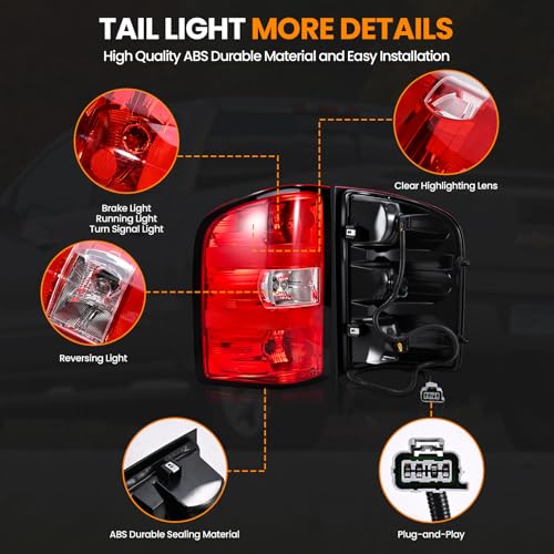 BeamTrack Tail Lights Assembly Compatible with 2007-2013 Chevy Silverado 1500 2500HD 3500HD Rear Brake Taillight Replacement Set Left Driver & Right Passenger Side, with Bulbs & Harness