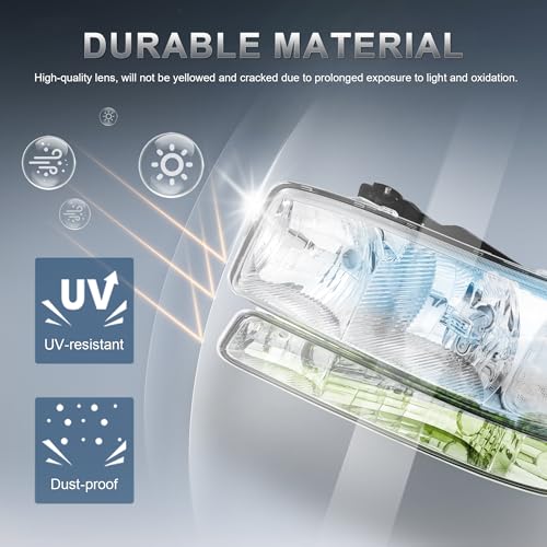KUIPERAUTO Headlight Assembly Front Lamp Compatible with 1999-2006 GMC Sierra 1500 2500, 2000-2006 GMC Yukon Headlamp w/Bulb Chrome Housing/Clear Lens/Clear Corner