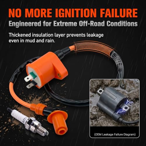 ekurfos 2 PCS High Performance Racing Coil and Spark Plug, GY6 50cc 150cc 125cc 4-stroke Engine Ignition Coil, Moped Parts Fits for ATVs Scooters Karts Scooters (Orange)