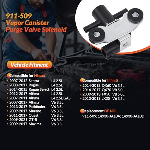 Mirthcos Vapor Canister Purge Valve Solenoid EVAP Compatible for Nissan Sentra 2007-2012, Rogue 2008-2017, Altima, Pathfinder, Murano, GT-R, Maxima & Infiniti JX35, QX60, FX50, QX70 Replaces 911-509