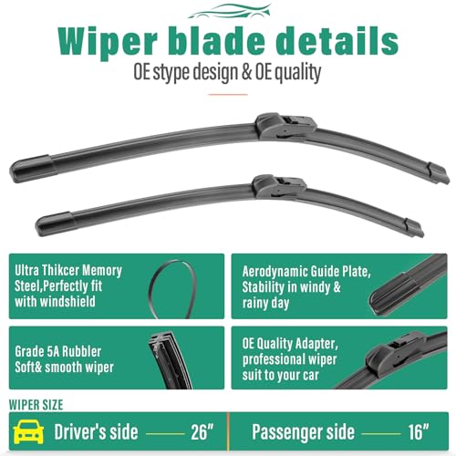 26" 16" 11" Windshield Wiper Blades Replacement for Chevrolet Chevy Trax 2024 2025 2026 Premium All Weather Front Rear Wipers Set - OEM Quality (Pack of 3)
