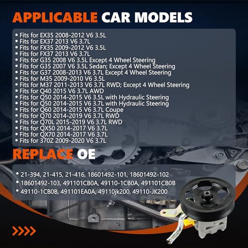Daysyore Power Steering Pump 21-394 Fits for Infini-ti EX35 EX37 FX35 FX37 G35 G37 M35 Q40 Q50 Q60 Q70 Q70L QX50 QX70 V6 3.5L 3.7L Power Assist Pump, Replace OE 49110-1CB0A, 491101CB0B