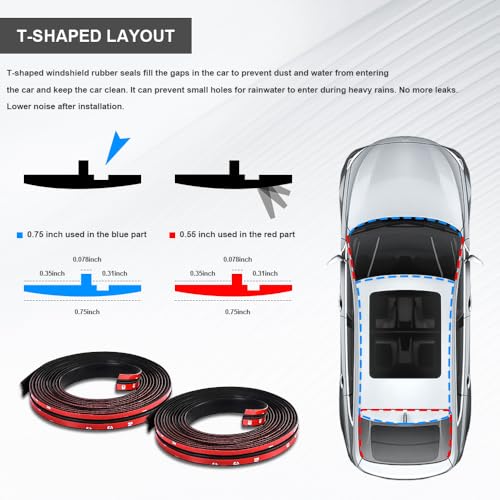 Tecledsn 2 Pieces Windshield Rubber Seal Windshield Trim Stripping, Car Weather Stripping, Waterproof Rubber Edge Trim, 22 Ft T Shape Sealing Strip Universal for Car Front Rear Windshield