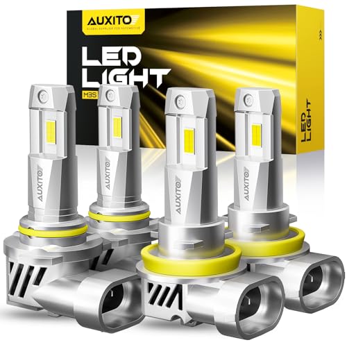 AUXITO Upgraded 9005/HB3 H11/H8/H9 Bulbs Combo, 900% Highly Bright 6500K Cool White, Real 1:1 Mini Size, Canbus Direct Install Plug and Play, Pack of 4