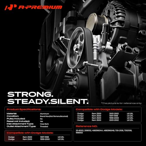 A-Premium Power Steering Pump, with Reservoir, Compatible with Dodge Ram 2500 1997-2002, Ram 3500 1997-2002, L6 5.9L Diesel, Replace # 4883960AA, 4883960AB