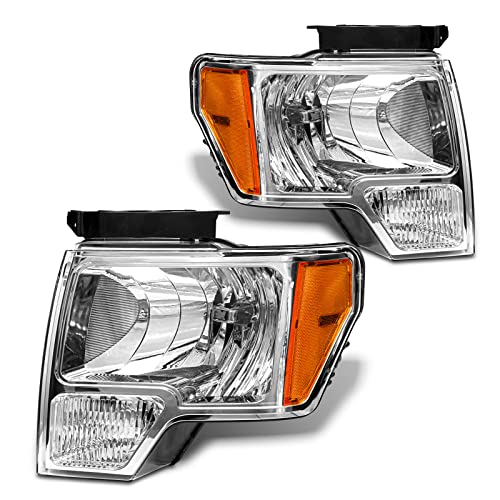 ADCARLIGHTS 2009 2010 2011 2012 2013 2014 Ford F150 Pickup Headlight Assembly for 09-14 Ford F150 Clear Lens Chrome Housing with Amber Reflector Headlamp Replacement Left and Right Pair（W/O Bulbs）