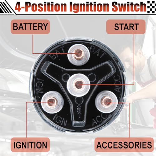 Ignition Switch with Key, Universal Ignition Key Switch, 12V 4 Position Starter Key Ignition Switch, Fits Most Car, Truck, Tractor, Trailer, Forklift, and More, Acc/Off/IGN/Start 4 Terminal