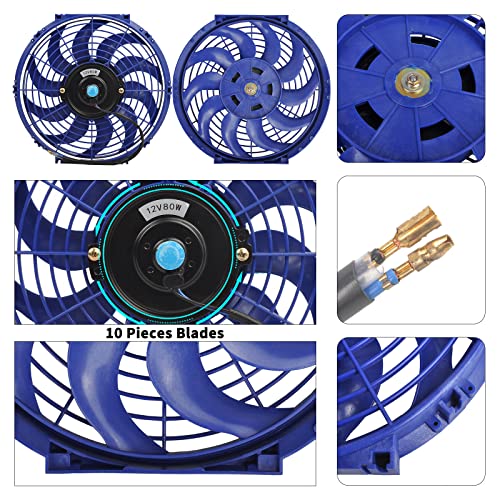 FGJQEFG 12 Inch Universal Slim Fan Push Pull Electric Radiator 12V 80W High Performance Cooling Fan Mount Kit Blue 2 Pcs