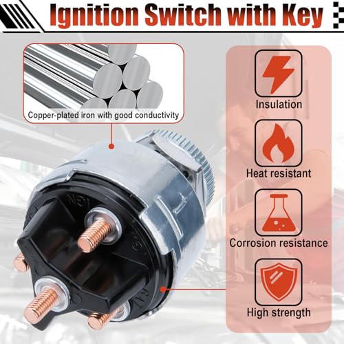 Ignition Switch with Key, Universal Ignition Key Switch, 12V 4 Position Starter Key Ignition Switch, Fits Most Car, Truck, Tractor, Trailer, Forklift, and More, Acc/Off/IGN/Start 4 Terminal
