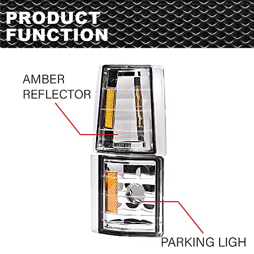 CNNELL Corner Signal Lights Side Marker Lamps Compatible with GMC 1994-1999 C1500 K1500 Yukon C2500 K2500 Suburban/1994-2000 C2500 C3500 K2500 K3500 4Pcs, Clear lens Chrome Housing Amber Reflector