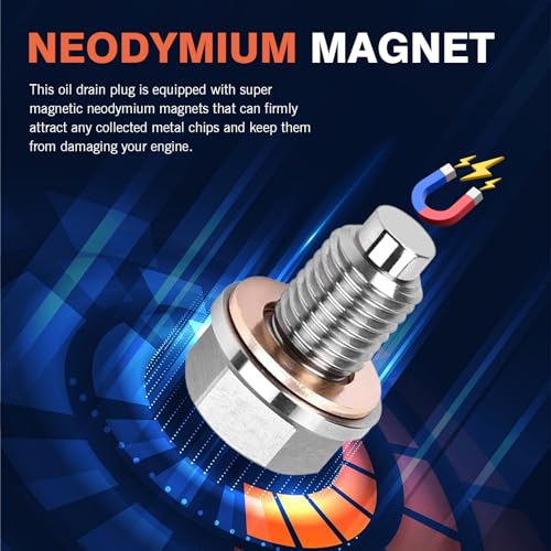 M12 x 1.25 Magnetic Oil Drain Plug, Magnetic Stainless Steel Oil Pan Drain Nut Bolt with 5 PCS Copper Crush Washer Anti Leakage, Universal Leak-proof Replacement,Fits Most Cars, Motorcycles, Boats