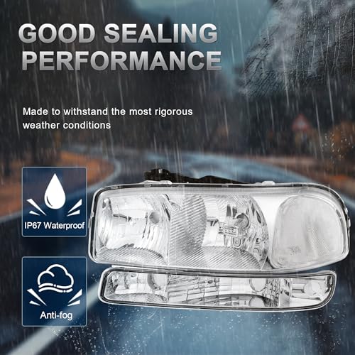 KUIPERAUTO Headlight Assembly Front Lamp Compatible with 1999-2006 GMC Sierra 1500 2500, 2000-2006 GMC Yukon Headlamp w/Bulb Chrome Housing/Clear Lens/Clear Corner