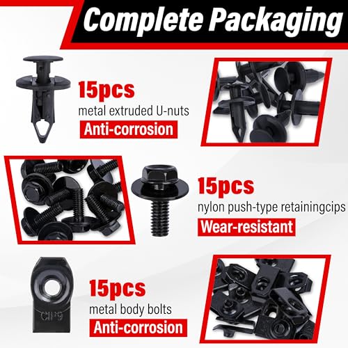 45PCS Engine Under Cover Splash Shield Guard Body Bolts Screws, Universal Style Bumper Fender Liner Push Retainer Fastener Rivet Clips with Tool, Compatible with Most Brand of Vehicles (Black)