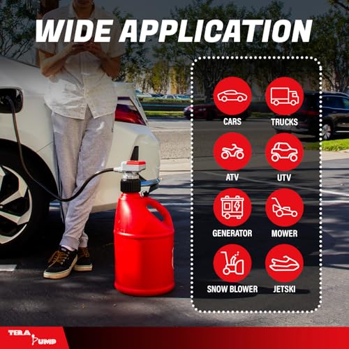 TERA PUMP TRFA01-XL 2nd Gen. Battery Powered Overfill Protection Fuel Transfer Pump w/Universal Gas Can & Utility Jug Adapter, 4.27ft Vinyl Hose, 2.5 GPM for Gas Diesel E15 E85 Fuels