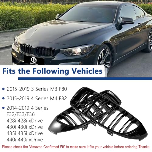 DEKEWEI F32 Grille,Front Kidney Grille Grill Compatible for 4 Series F32 F33 F36 (2014-2019) M3 F80 M4 F82 (2015-2019) (Double Slats Gloss Black Grills, 2pcs)