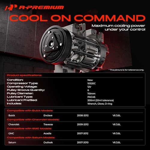 A-Premium A/C Compressor with Clutch Compatible with Chevrolet Traverse 2009-2012, GMC Acadia 2007-2012, Buick Enclave 2008-2012, Saturn Outlook 2007-2010