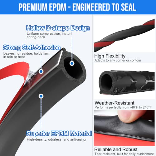alophoty 10 Ft Rubber Weather Stripping Door Seal, D Shaped Automotive Weather Stripping, Car Door Seal Strip, Self Adhesive Soundproofing Weatherstripping for Doors Windows Car Truck Auto RV