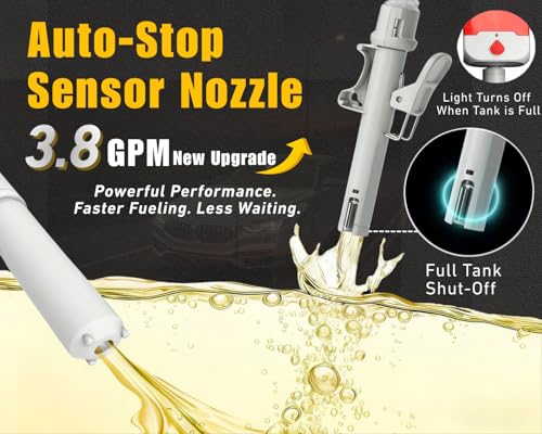 Fuel Transfer Pump with Auto-Stop, 3.8 GPM Battery or USB Powered Cordless Gas Pump, Portable Electric Pump for Gas Can with 51" Hose & 4 Adapters for Gasoline, Diesel, Oil–Spill-Free Refueling